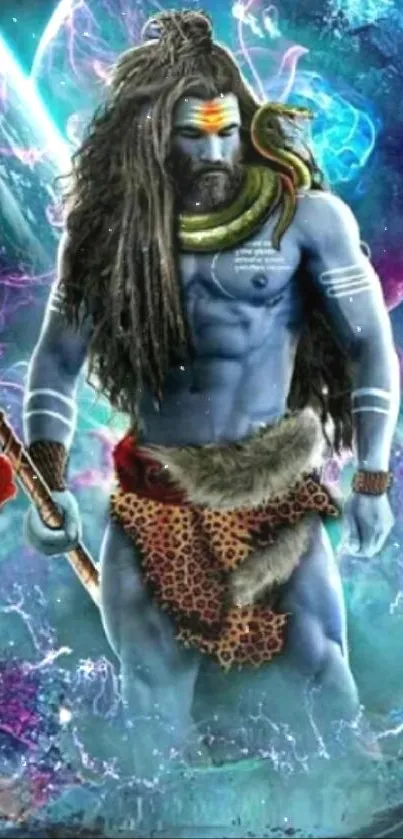 Artistic depiction of Lord Shiva in a cosmic setting with vibrant blue hues.