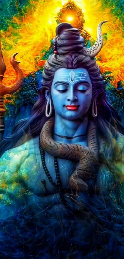 Colorful image of Lord Shiva with trident and vibrant background in divine art.