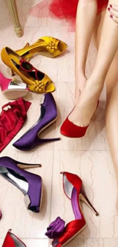 Stylish display of colorful high heels on elegant floor.