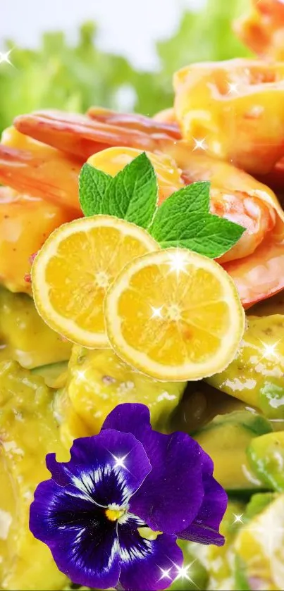 Shrimp and avocado salad with vibrant colors, ideal for food wallpaper.