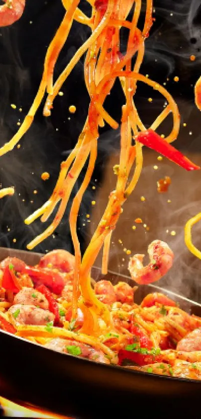 Vibrant stir-fry with shrimp and noodles in a pan, bursting with colors and flavors.