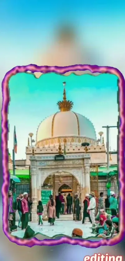 Colorful shrine with vivid cyan sky.