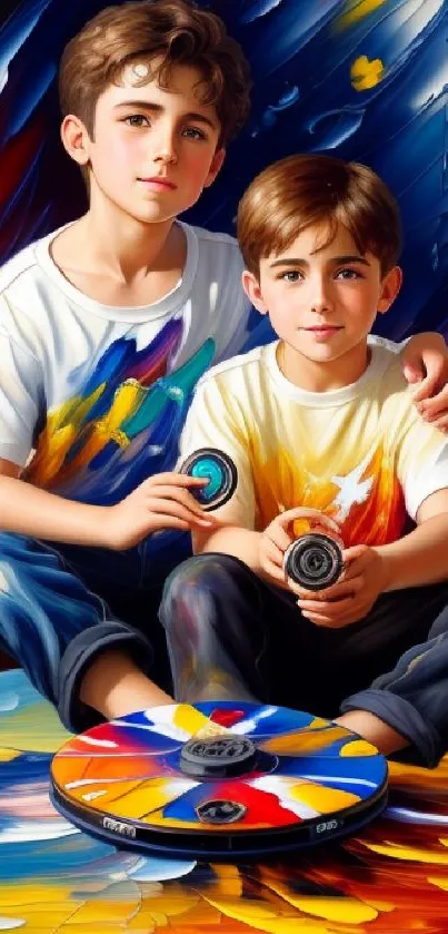 Colorful digital art of two siblings playing on vibrant background.