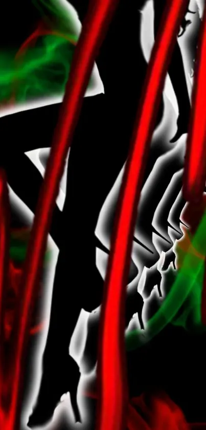 Colorful abstract silhouette with red and green swirls on a black background.