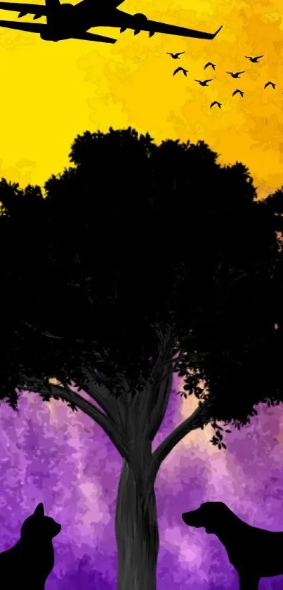 Silhouette of animals under a tree with a vibrant yellow and purple sky background.