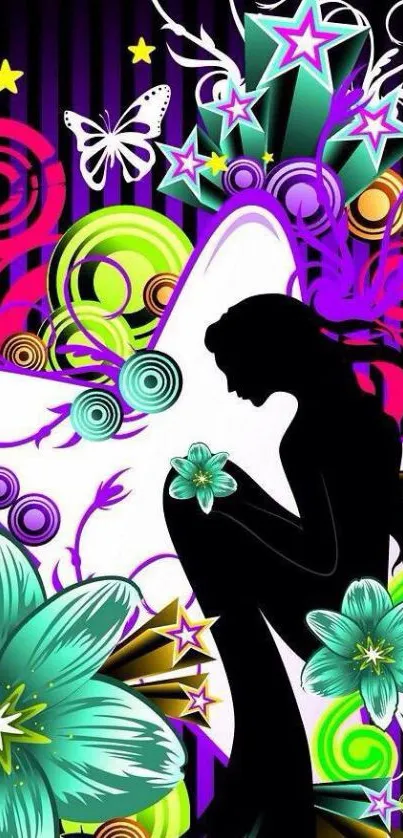 Silhouette with floral and star designs on a colorful background.