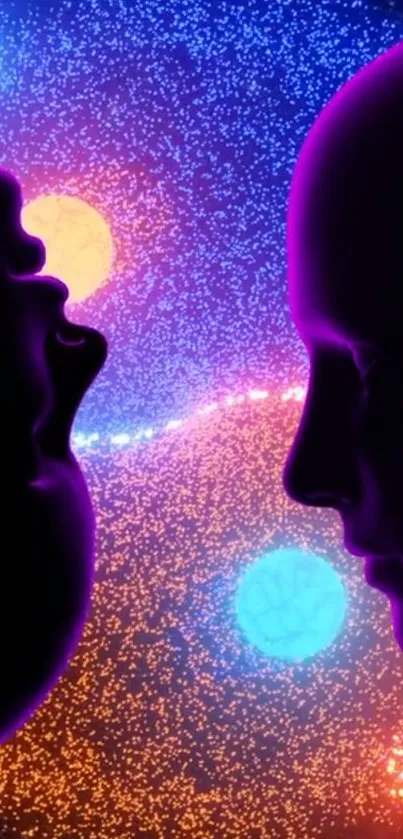 Abstract silhouettes on vibrant galaxy background with bright orbs.