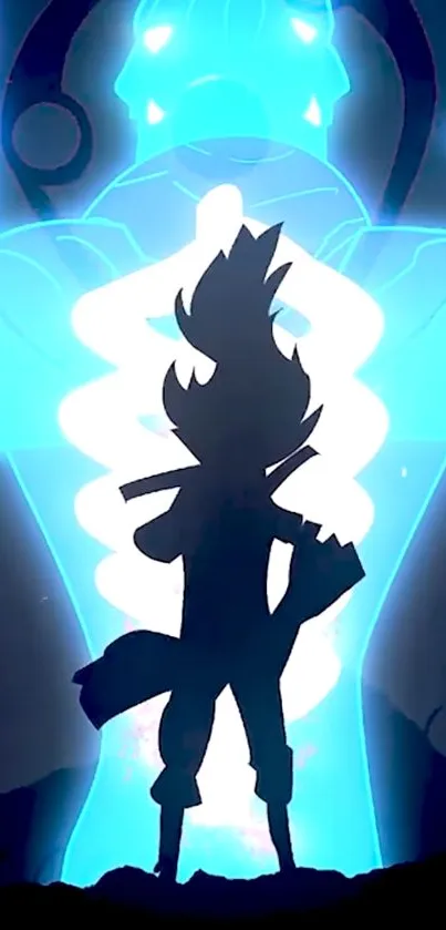 Silhouette of a hero with vibrant blue light background.