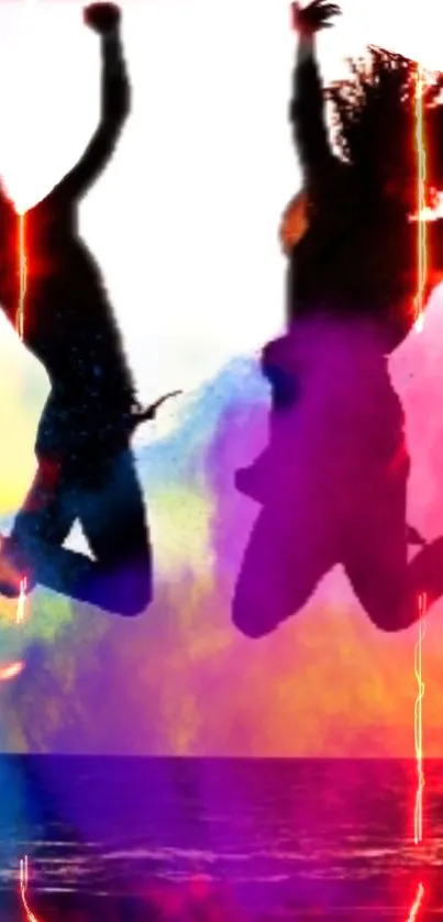 Vibrant wallpaper with silhouettes jumping against a colorful backdrop.