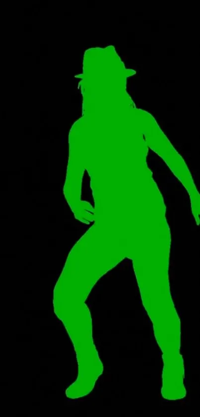 Neon green dancer silhouette on black background.