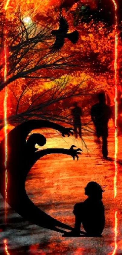 Silhouette figures in vibrant orange nightscape art.