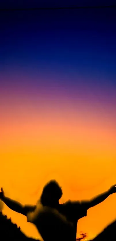 Silhouette with vibrant sunset sky, blending orange and blue hues beautifully.