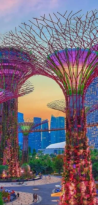 Vibrant Singapore skyline with Supertree Grove and city backdrop.