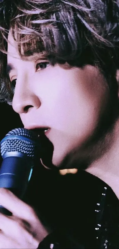 Singer performing on stage with a microphone, close-up view.