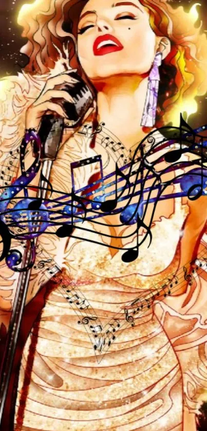 Artistic singer illustration with vibrant colors and musical notes.