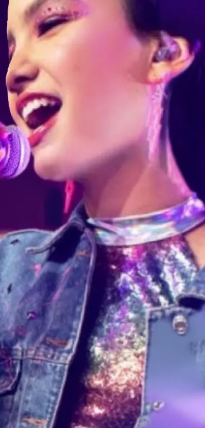 Singer in vibrant outfit holding a microphone.