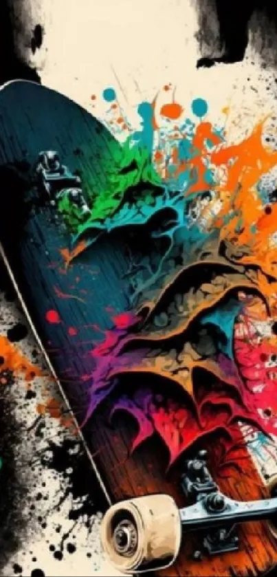 Vibrant skateboard with colorful paint splashes on a dynamic design mobile wallpaper.