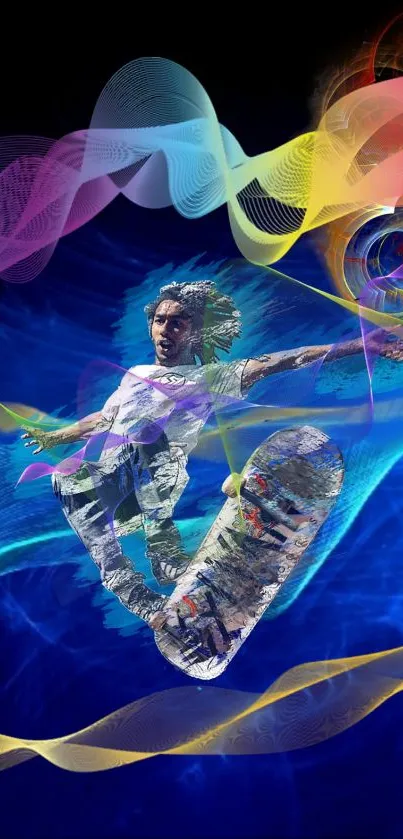 Skateboarder in vibrant digital art with colorful energy waves.