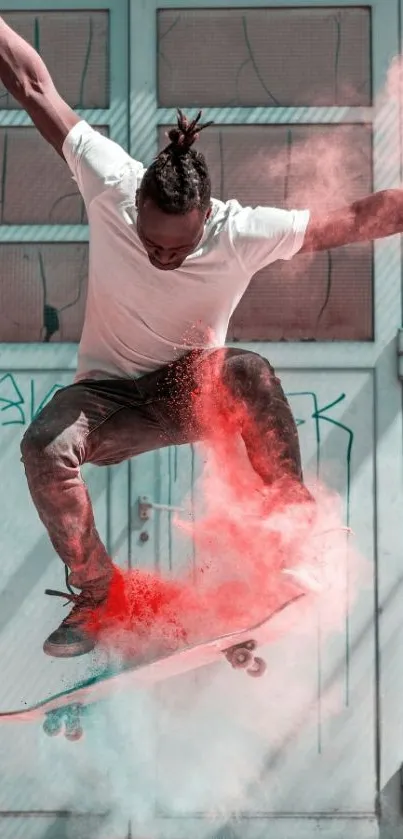 Skateboarder performing a trick with red powder.