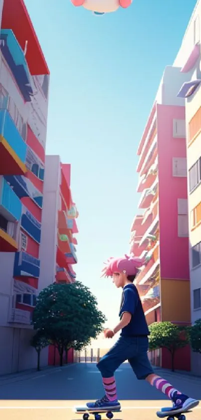 Pink-haired skater on a vibrant street with pastel buildings and a cat balloon overhead.