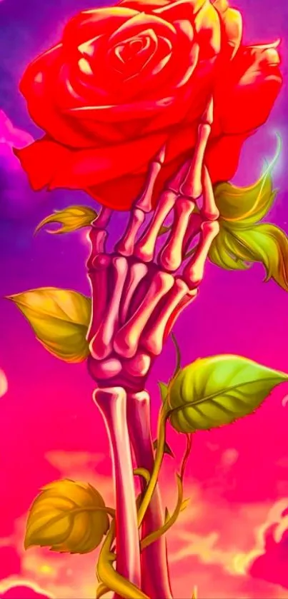 Skeletal hand holding red rose in vibrant sky.