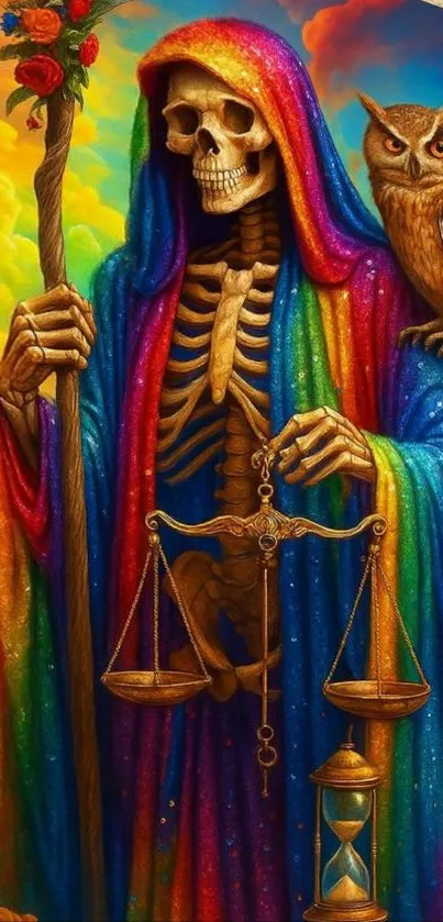 Vibrant skeleton and owl with rainbow robes.