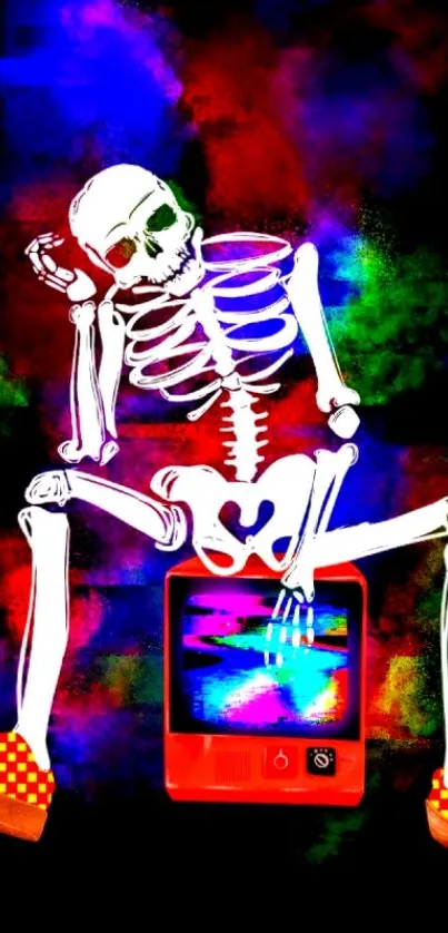 Vibrant skeleton with TV and neon colors on a dark background.