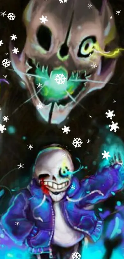 Vibrant skeleton art with blue and green glowing effects.