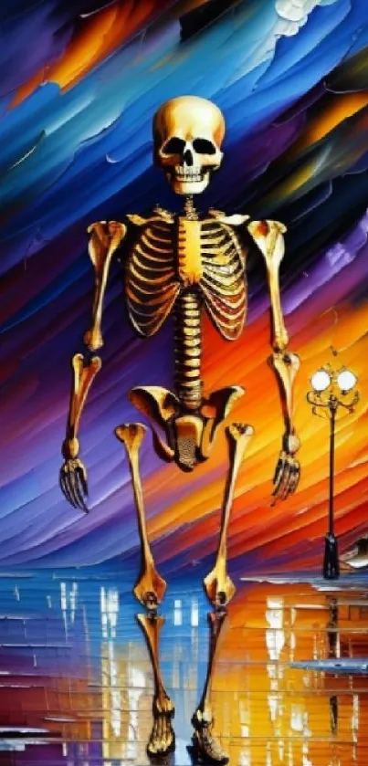 Vivid skeleton art with colorful night sky and reflections.