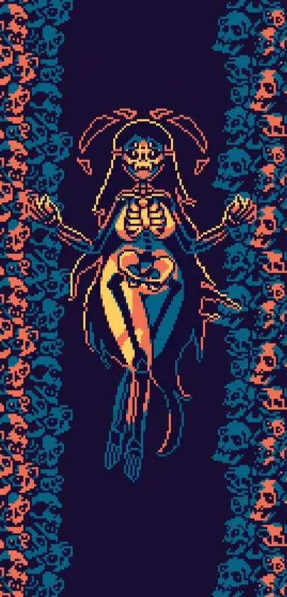 Vibrant skeleton pixel art wallpaper with colorful design.