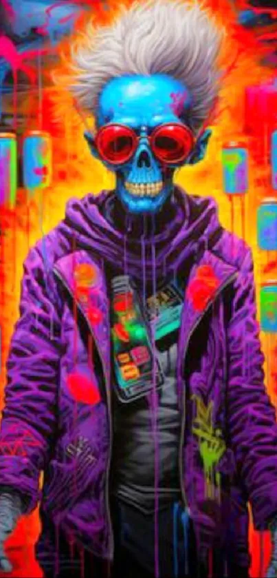 Colorful skeleton art with neon orange and purple hues