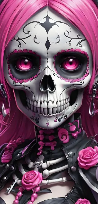 Vibrant skeleton art wallpaper with pink hues and gothic elements.