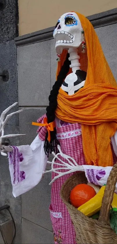 Colorful skeleton art with orange scarf and woven basket.