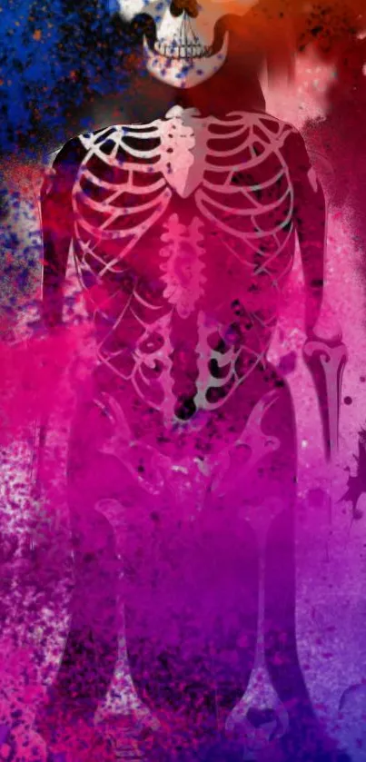 Vibrant pink skeleton art with colorful background.