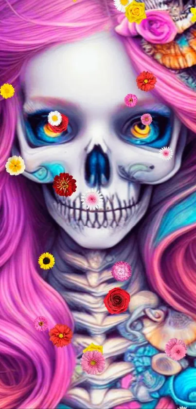 Vibrant skeleton art with pink hair and colorful details.