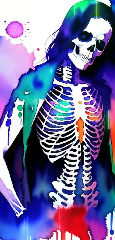 Vibrant skeletal figure art with colorful splashes in a dynamic style.