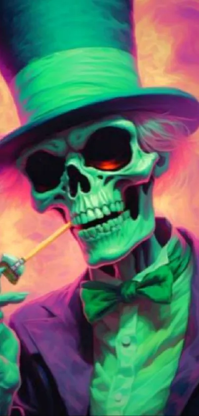 Vibrant neon skeleton with top hat smoking a pipe in colorful design.