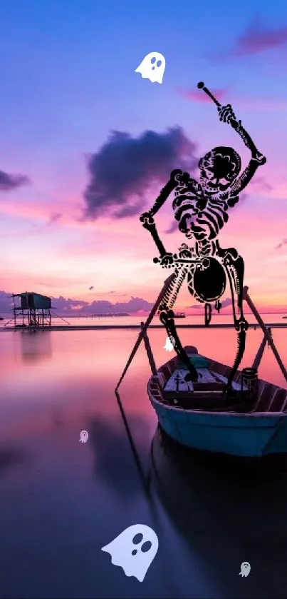 A skeleton stands in a boat at sunset, surrounded by vibrant purple hues.