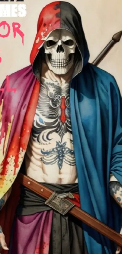 Colorful cloaked skeleton with tattoos and vivid designs in vibrant hues.