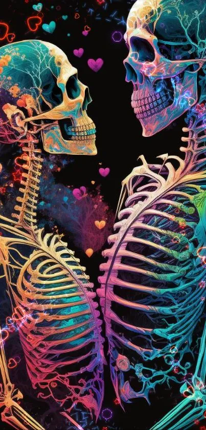 Vibrantly colored skeleton couple art against a black background.