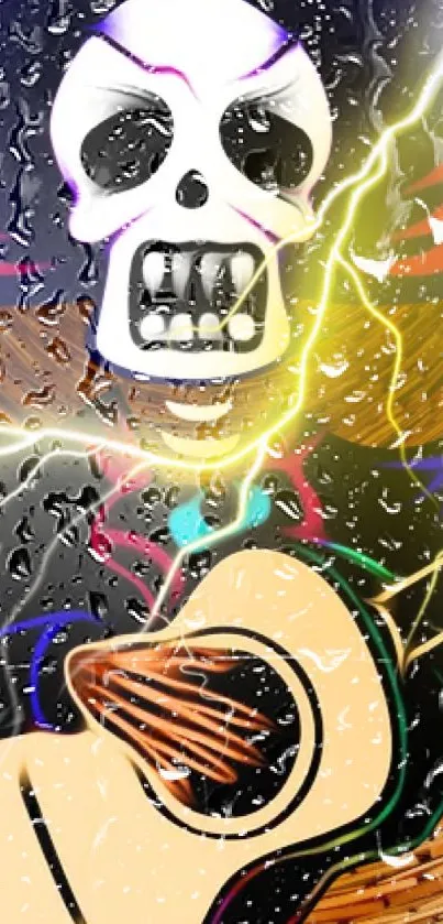 Vibrant skeleton playing guitar with colorful rain and lightning effects.