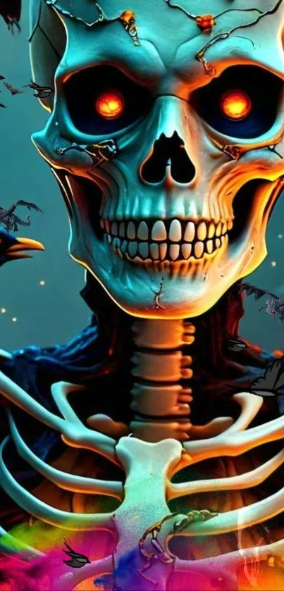 Colorful skeleton wallpaper with Halloween theme.