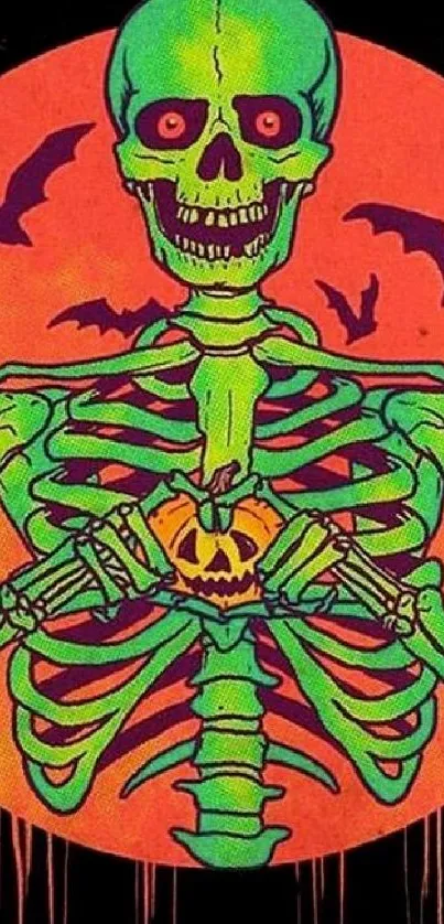 Vibrant Halloween skeleton with bats and orange moon.