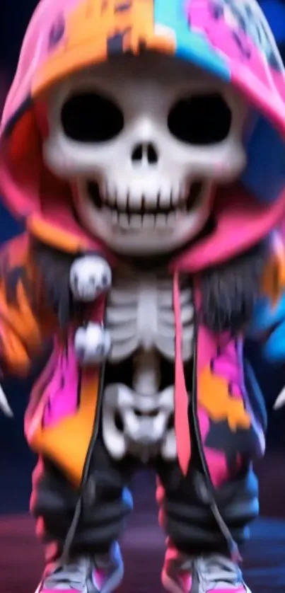 A whimsical skeleton wearing a colorful hoodie.
