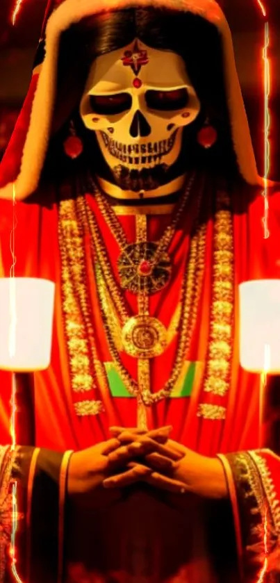 Stylish skeleton in red robe, perfect for phone wallpaper.