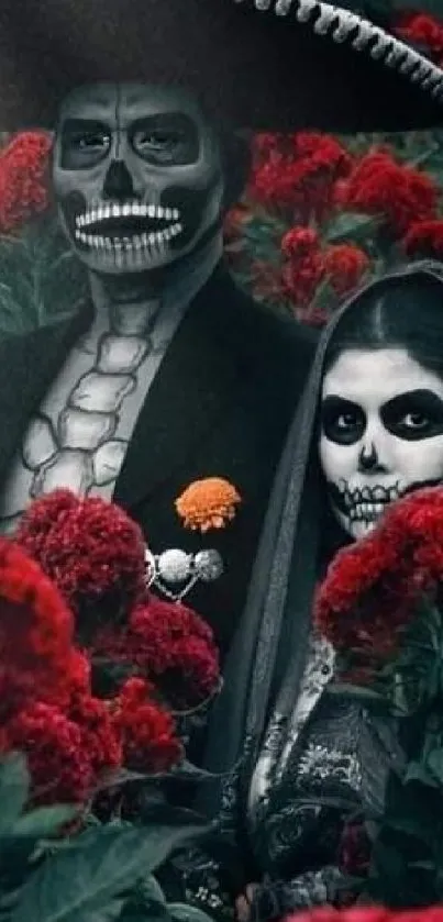 Couple with skeleton makeup among red flowers.