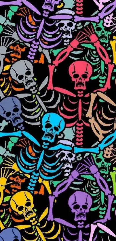 Colorful skeleton pattern on black background.