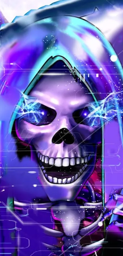 Futuristic skeleton wallpaper with glowing blue eyes and vibrant colors.