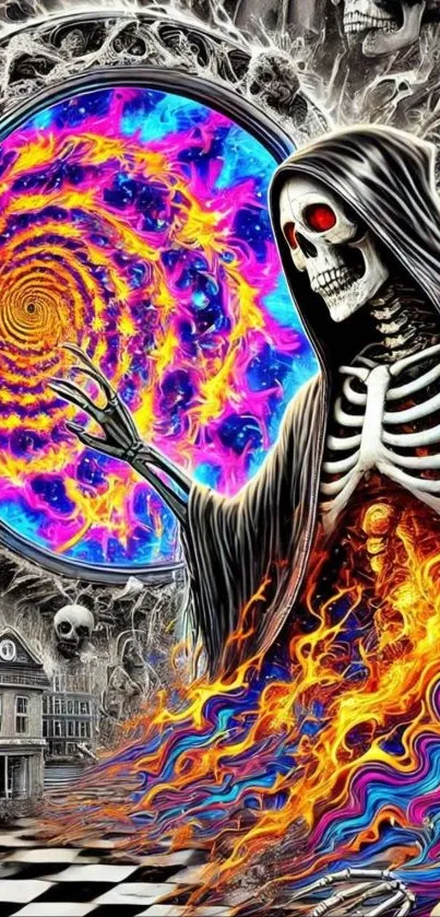 Colorful skeleton with a swirling portal backdrop.
