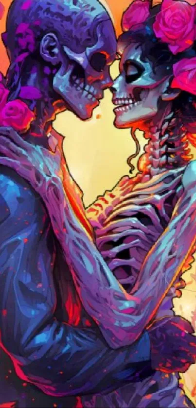 Artistic skeleton couple embracing amid vibrant colors and pink roses.